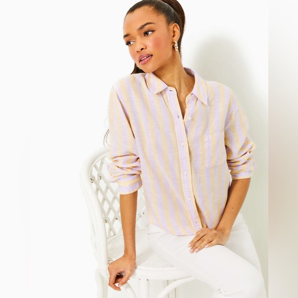 Lilly Pulitzer Coralynn Button Down Shirt  in Gold and Cream Striped M